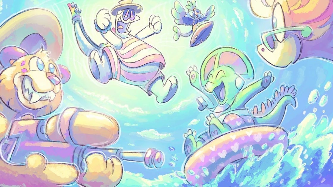 Kirby Air Riders gameplay showing a racer speeding through a colourful course