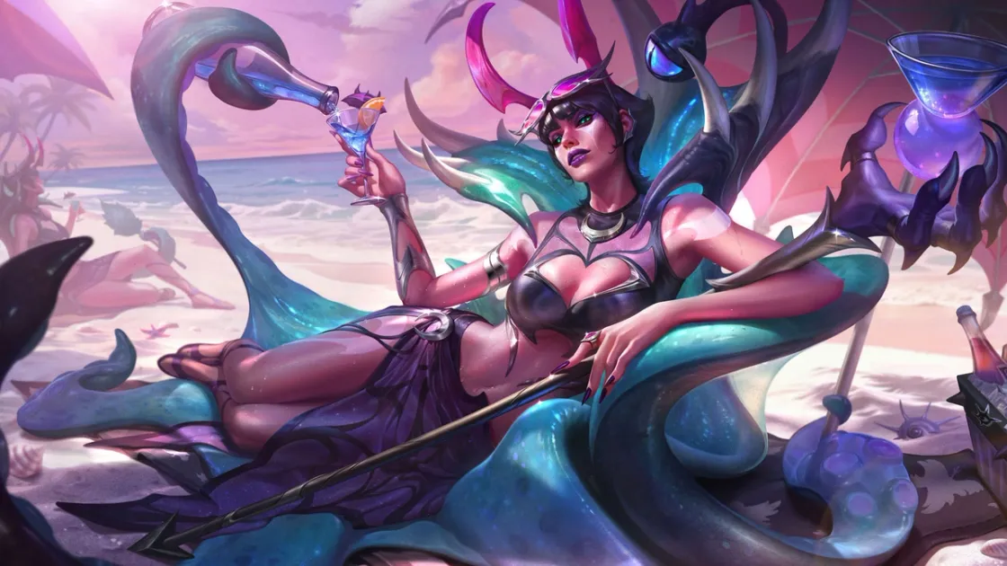 League of Legends champion roster with glowing ability effects and patch notes overlay