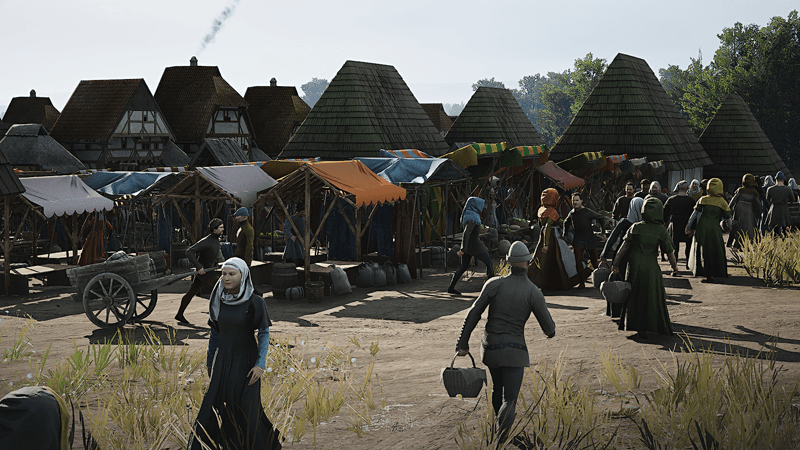 Manor Lords medieval settlement with stone walls and pathfinding routes highlighted