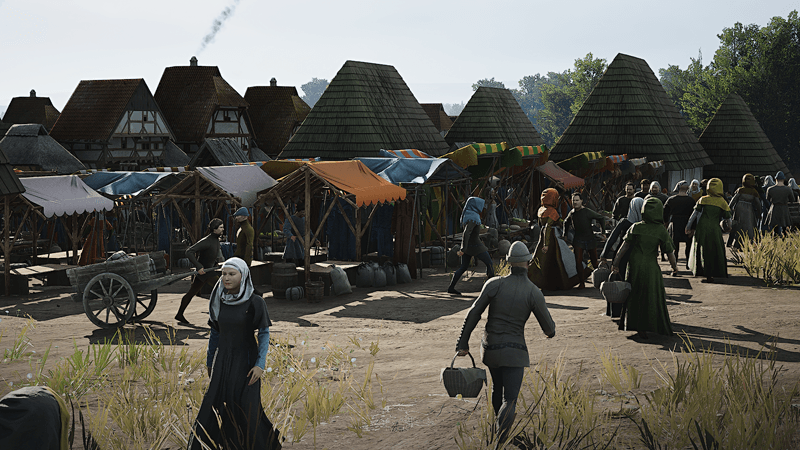 Manor Lords medieval settlement with stone walls and pathfinding routes highlighted