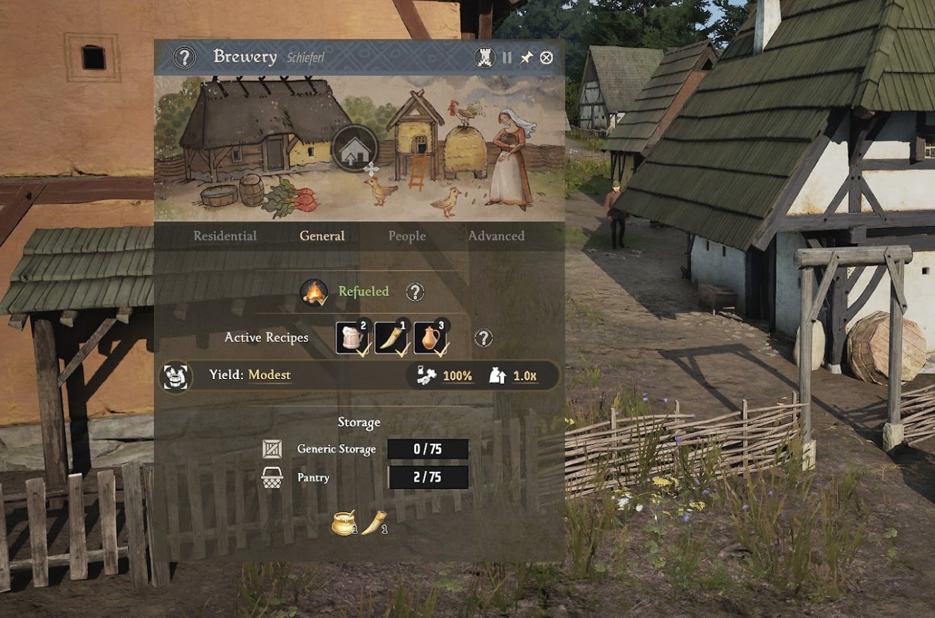Manor Lords settlement with new pastures, brewery, and construction yard buildings visible