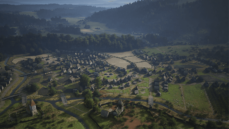 Manor Lords settlement with squads marching in formation across a medieval town
