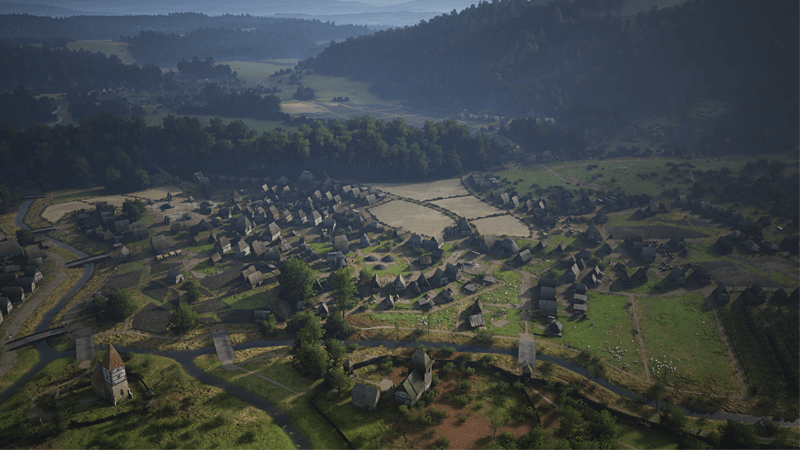 Manor Lords settlement with squads marching in formation across a medieval town