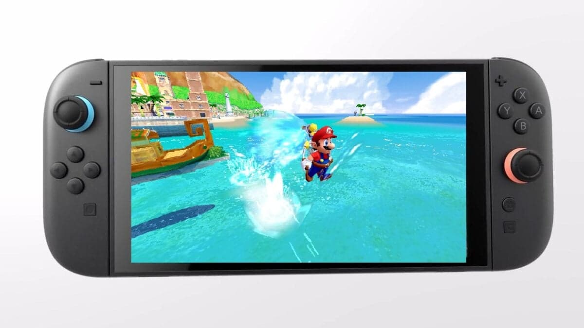 Mario spraying water with FLUDD in Super Mario Sunshine on a sunny Isle Delfino beach