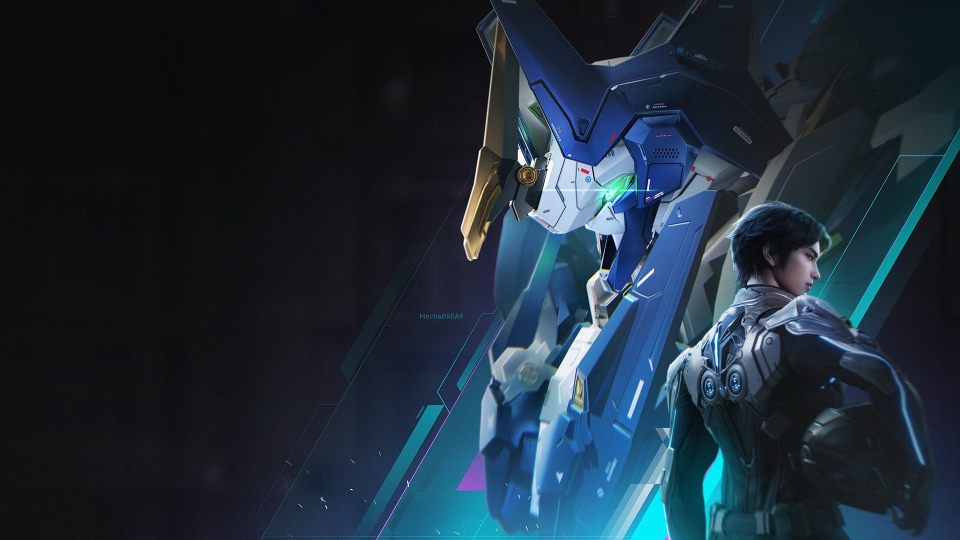 Mecha BREAK pilot in combat stance, Spectral Nexus arena environment