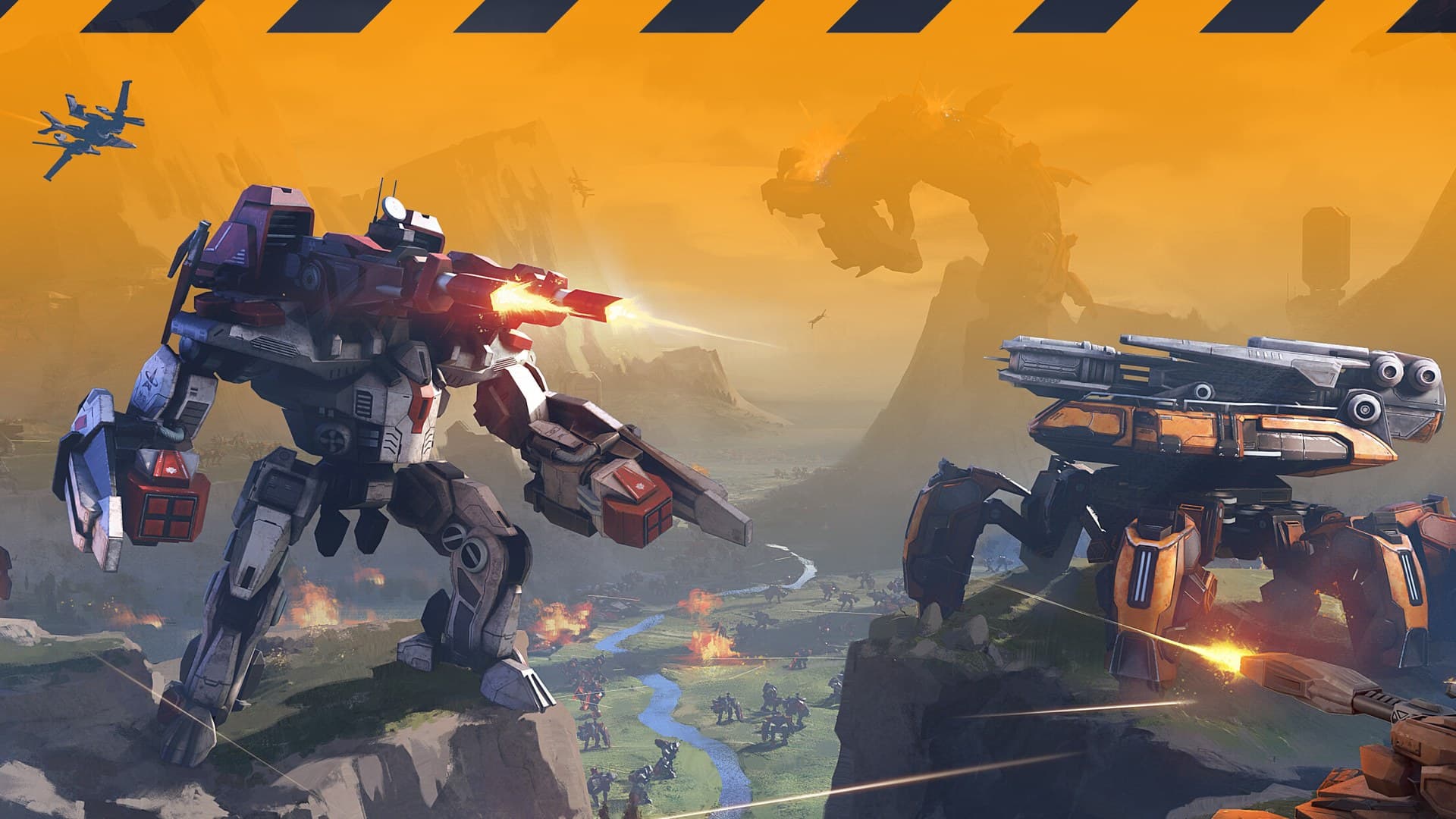 Mechabellum mech unit in combat arena, blue and red faction colours