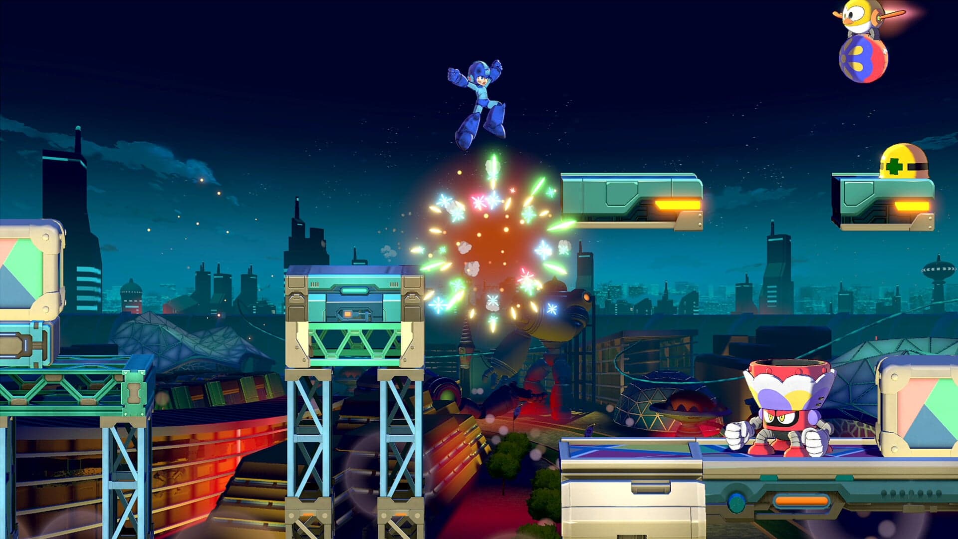 Mega Man Dual Override key art featuring the Blue Bomber in action