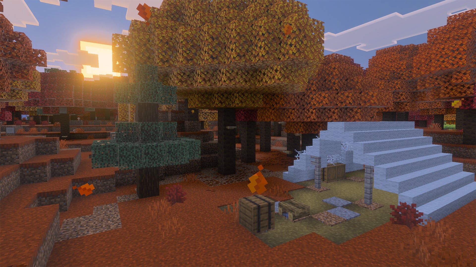 Minecraft Bedrock player holding bow and arrow, blocky landscape background