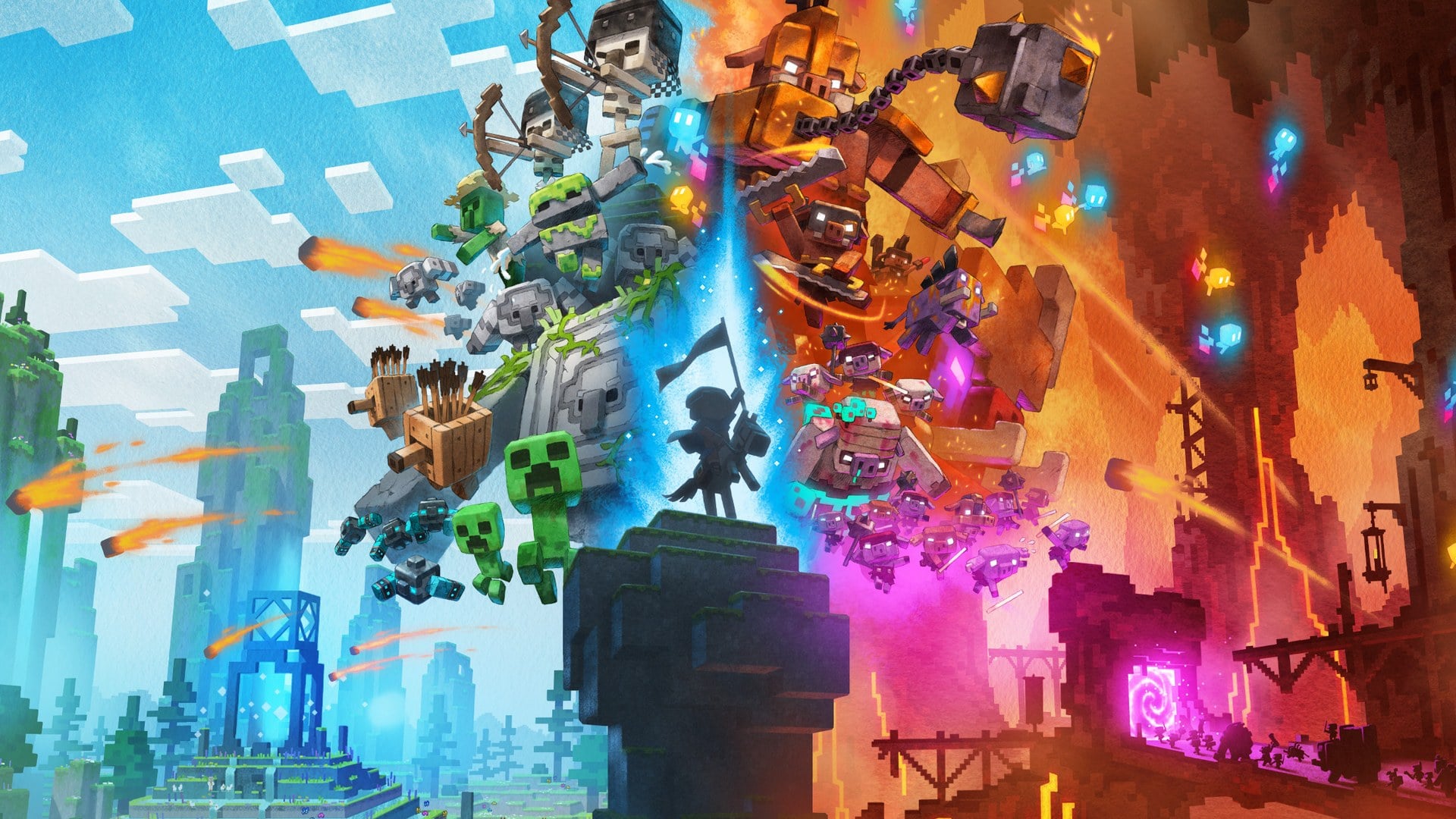 A Minecraft Movie key art featuring Jack Black and Jason Momoa in blocky world