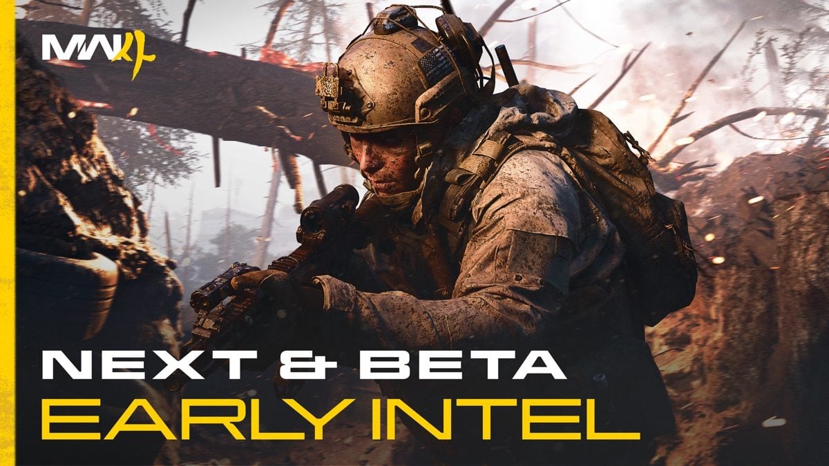 Official Modern Warfare 4 art of a soldier in tactical gear holding a rifle, overlaid with the MW4 logo and the words NEXT and BETA EARLY INTEL