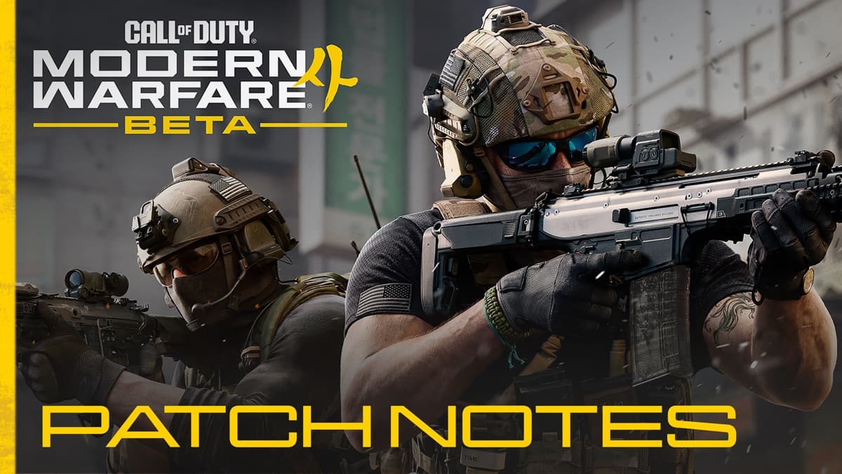 Official Modern Warfare 4 beta art of two soldiers in tactical gear aiming rifles, overlaid with the Modern Warfare Beta logo and the words Patch Notes