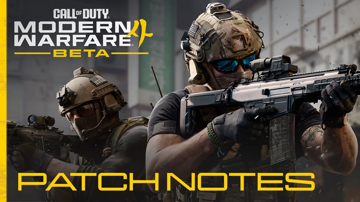 Official Modern Warfare 4 beta art of two soldiers in tactical gear aiming rifles, overlaid with the Modern Warfare Beta logo and the words Patch Notes