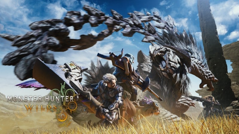 Monster Hunter Wilds promotional art featuring a hunter facing a glowing Arch-tempered Arkveld in a dramatic landscape.