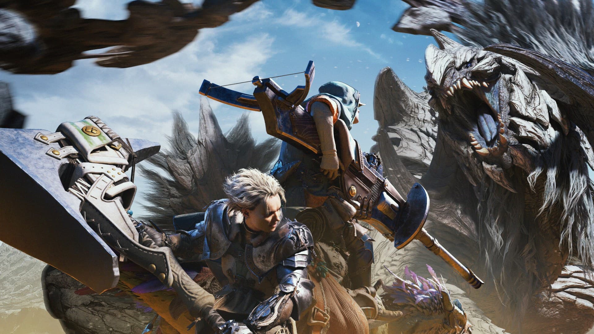 Monster Hunter Wilds key art featuring hunter facing off against a large monster