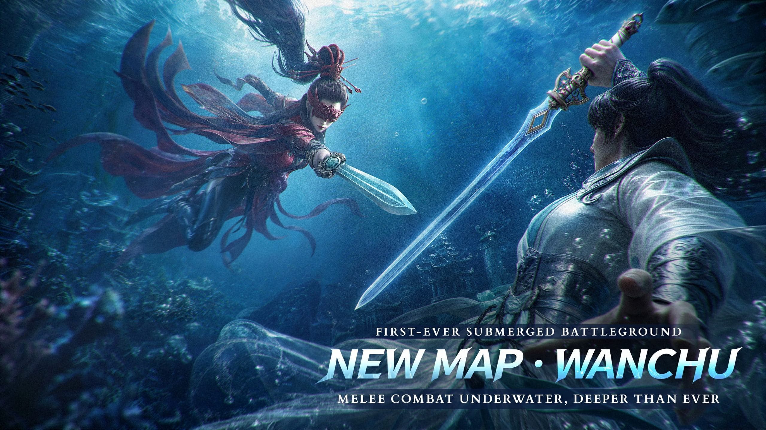 Naraka: Bladepoint's new Wanchu map featuring ocean ruins and twin luminaries statues