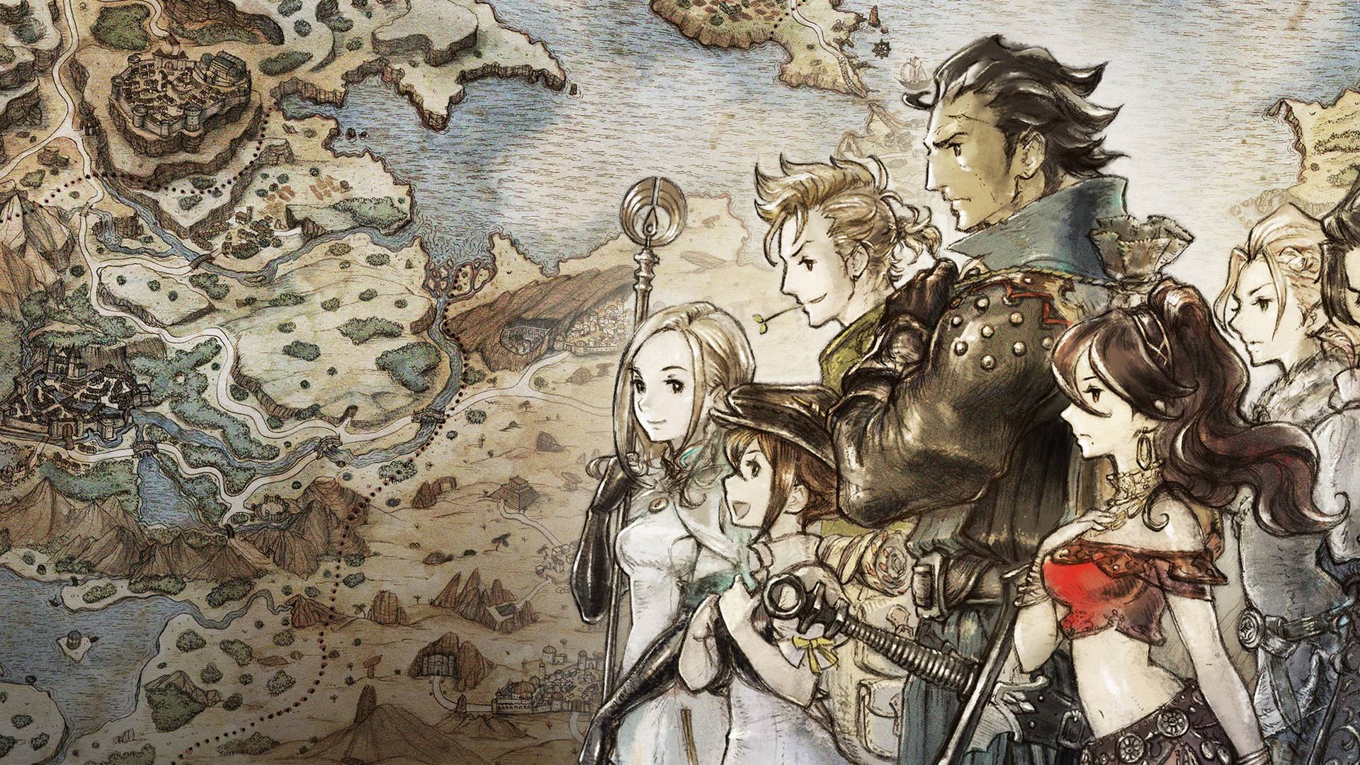 Octopath Traveler 2 key art featuring the eight main characters in HD-2D style