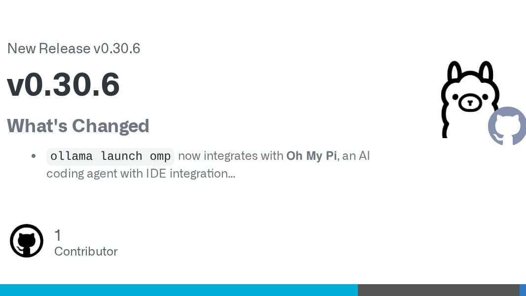 Ollama v0.30.6 update splash, AI coding integration visual