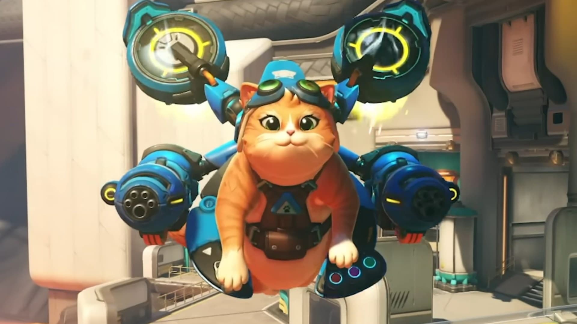 Overwatch Jetpack Cat hero flying through the air with rocket thrusters engaged