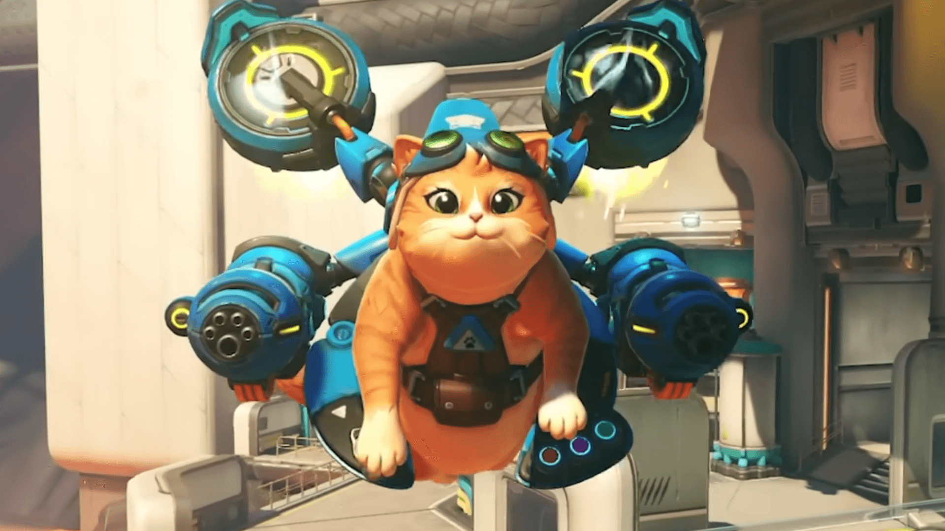 Overwatch Jetpack Cat hero flying through the air with rocket thrusters engaged