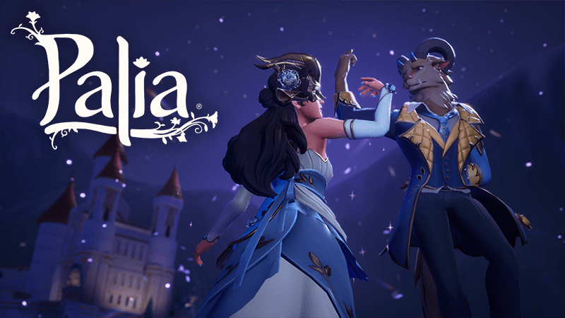 Palia summer landscape with glowing shimmerflies, storybook-themed decor, and a duo of players dancing together.