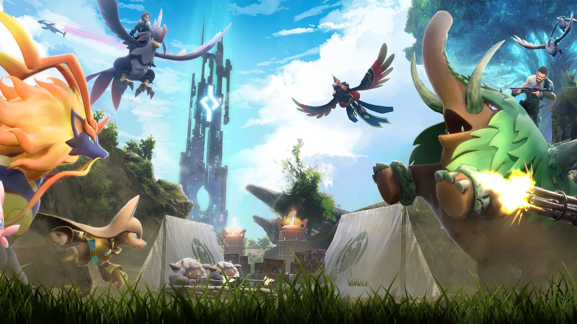 Palworld creatures and player characters in the open world survival game