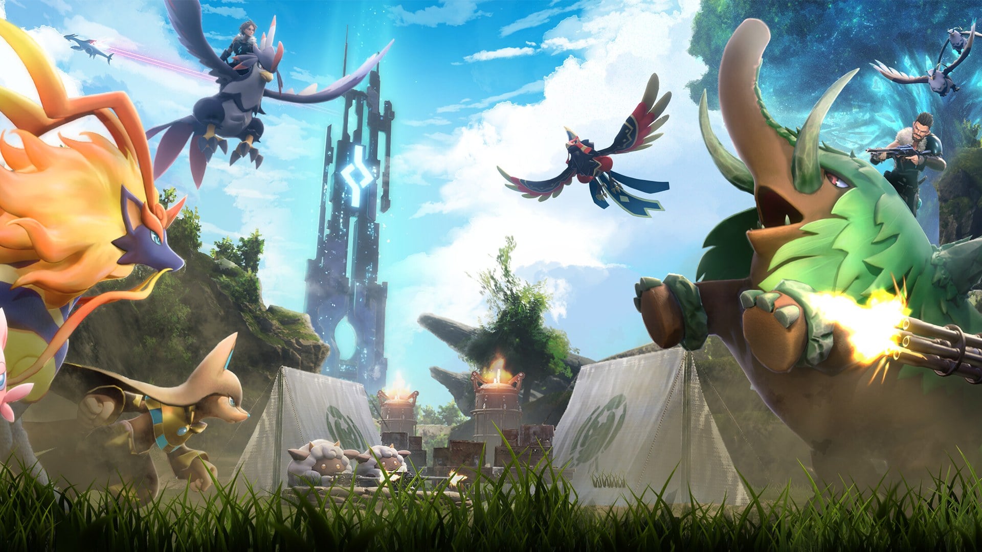 Palworld 1.0 key art featuring Sunreach floating island and the World Tree