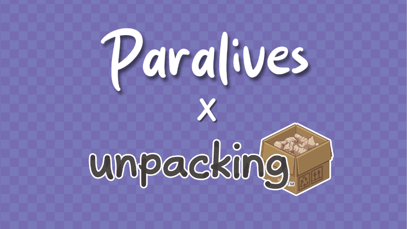 Paralives characters in a colorful home interior with Unpacking game elements visible on a computer screen