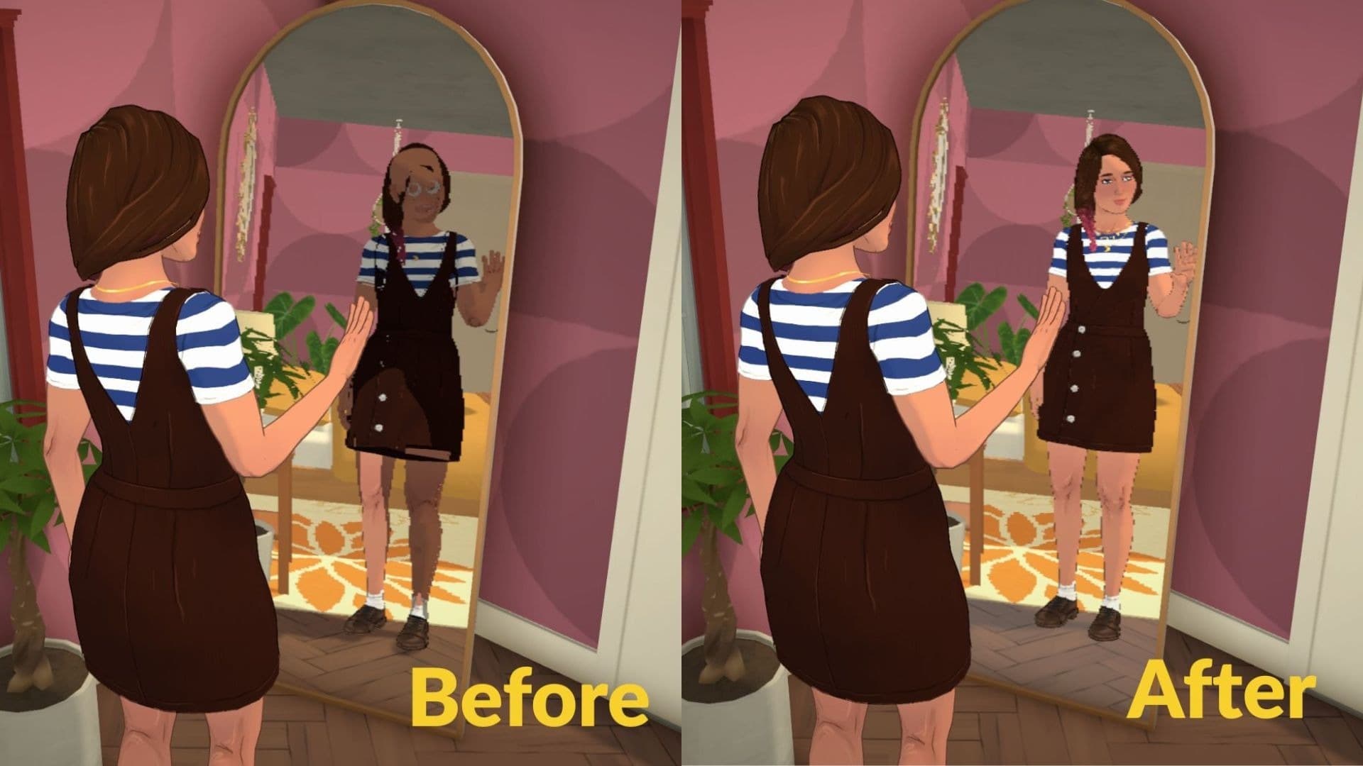 Paralives Para character standing in front of a mirror, smiling in-game.