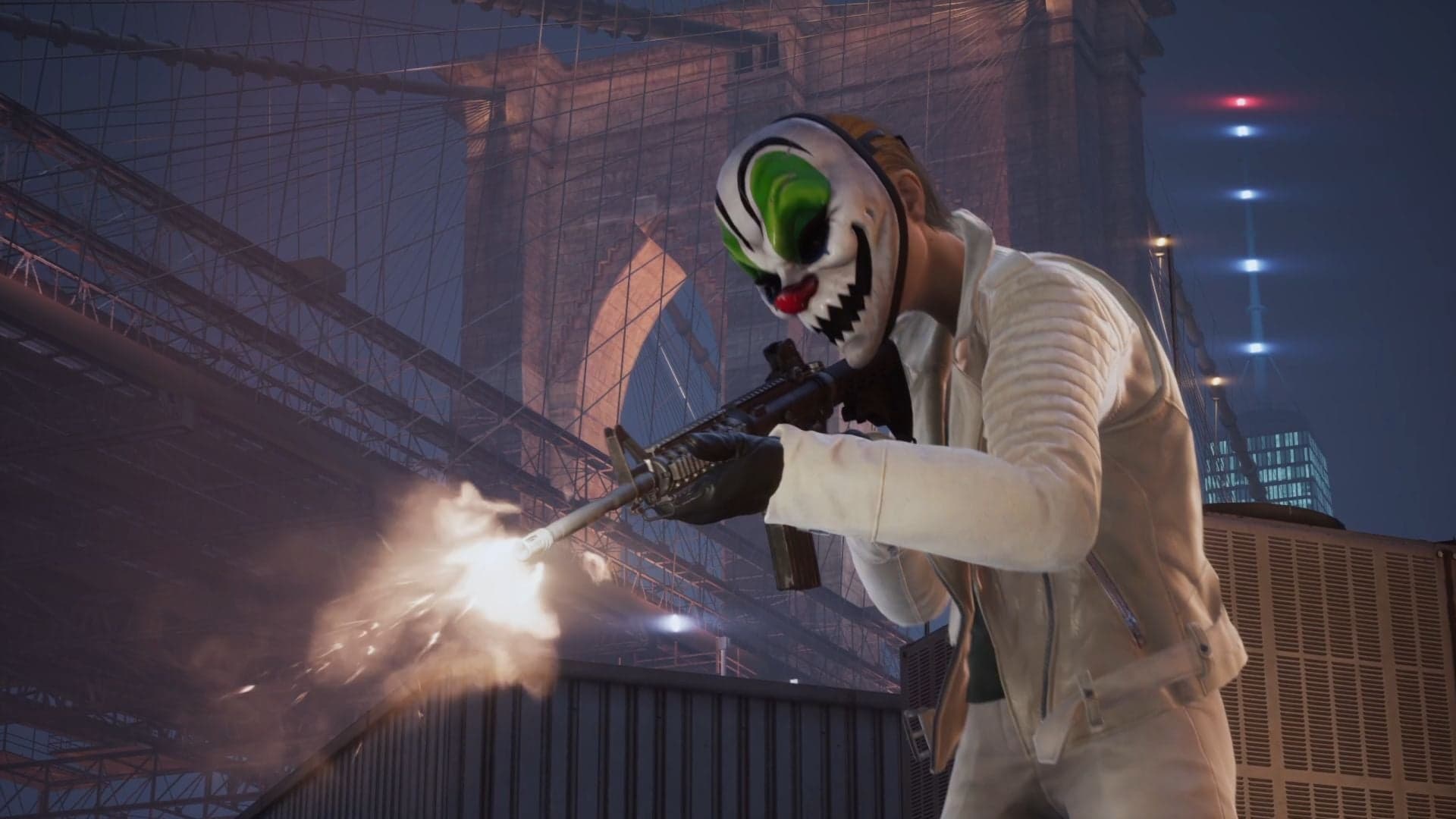 Payday series masked heist crew characters in signature clown masks
