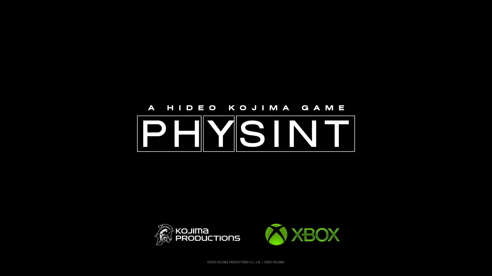 Official Physint announcement card, the PHYSINT logotype in boxed white capitals on a black background beneath the line A HIDEO KOJIMA GAME, with the Kojima Productions and Xbox logos side by side underneath