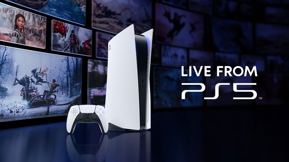 A white PlayStation 5 console standing vertically beside a DualSense controller against a wall of game artwork, with Live From PS5 text at right