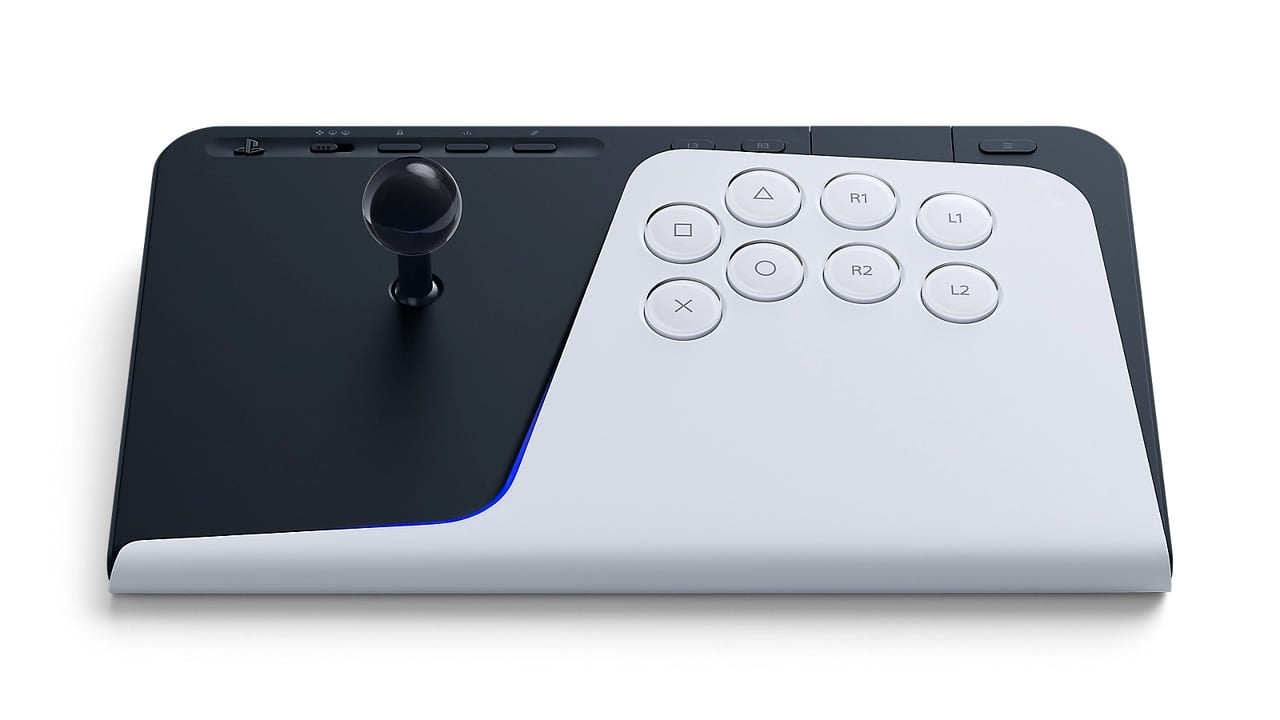PlayStation FlexStrike wireless fight stick controller on a dark background