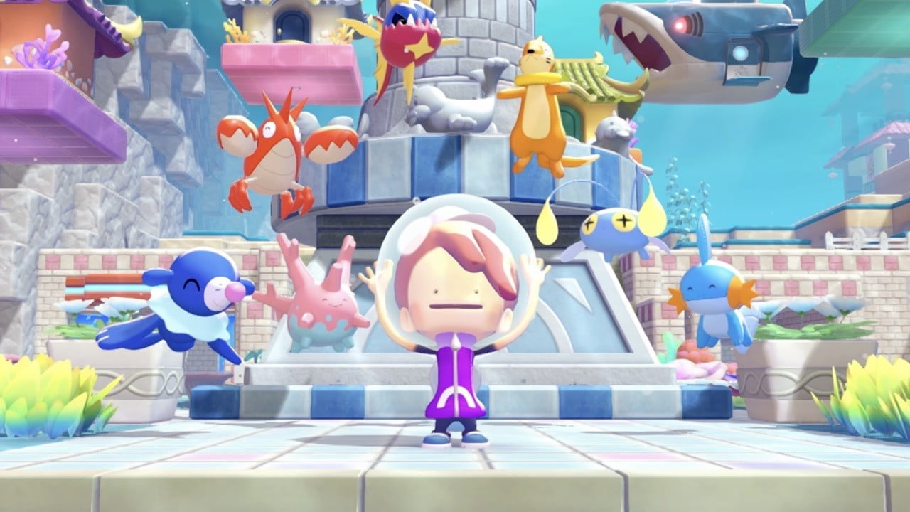 Pokémon Pokopia gameplay showing colourful Pokémon in a vibrant town setting