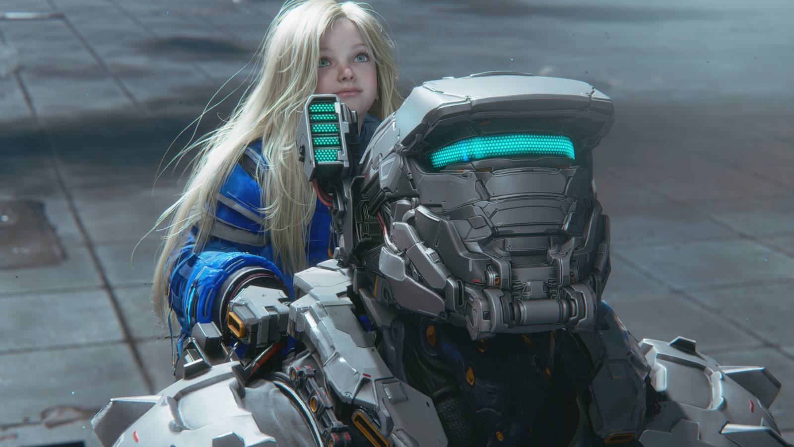 Pragmata protagonist Hugh the astronaut and young girl Diana in a sci-fi cityscape