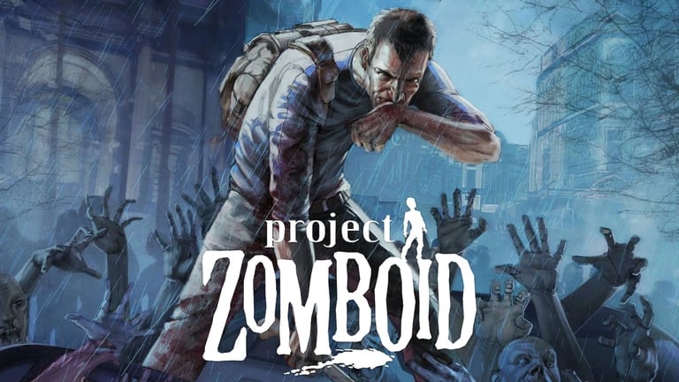 Project Zomboid survivors scavenging in a dark post-apocalyptic town at night