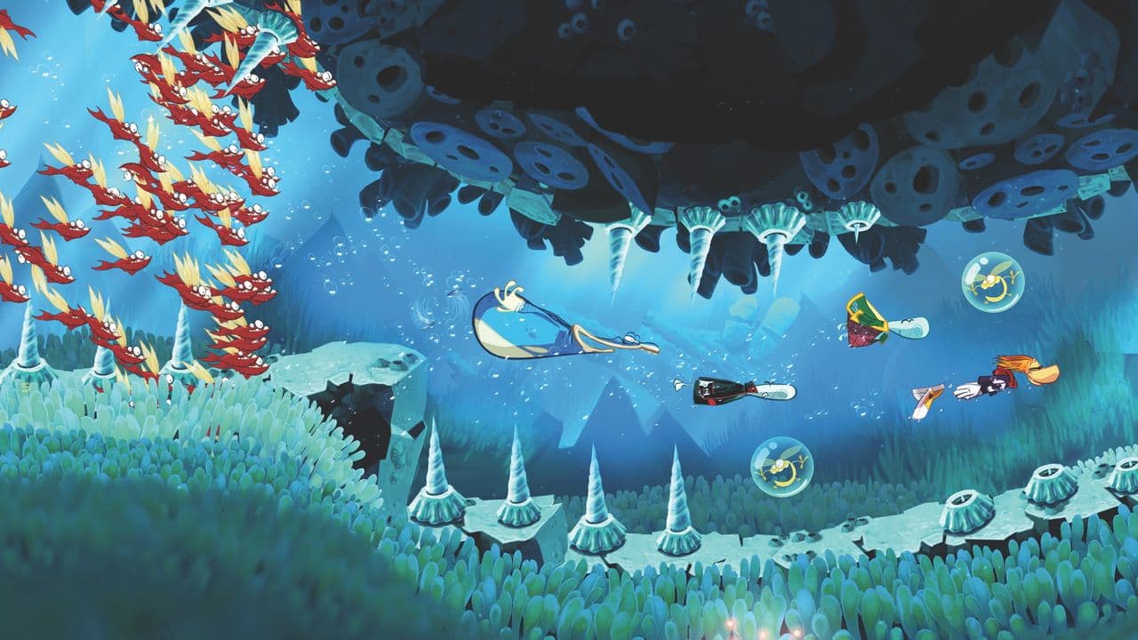 Rayman Origins Enhanced Edition characters running through a colorful hand-drawn level