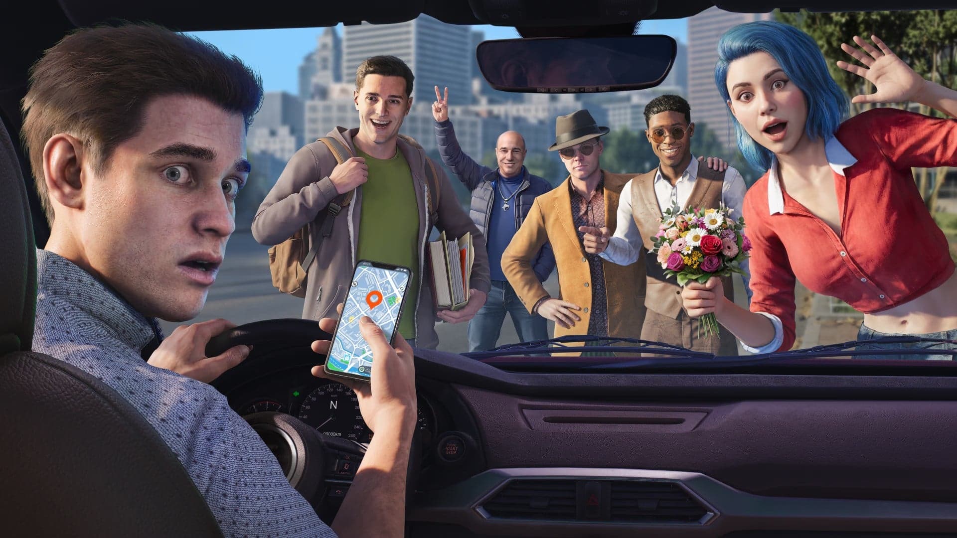Rideshare Stimulator announcement showing a rideshare driver picking up a passenger in a city