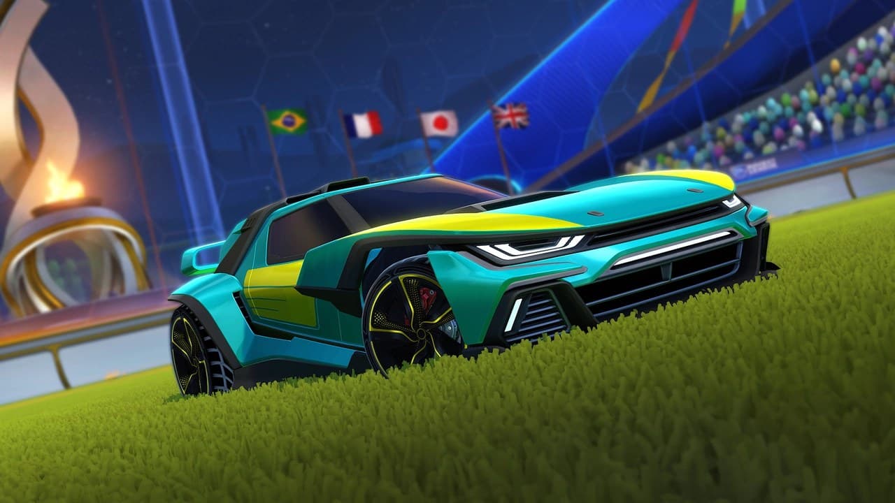 Rocket League arena with two teams facing off at kickoff, one team highlighted in advantageous position.