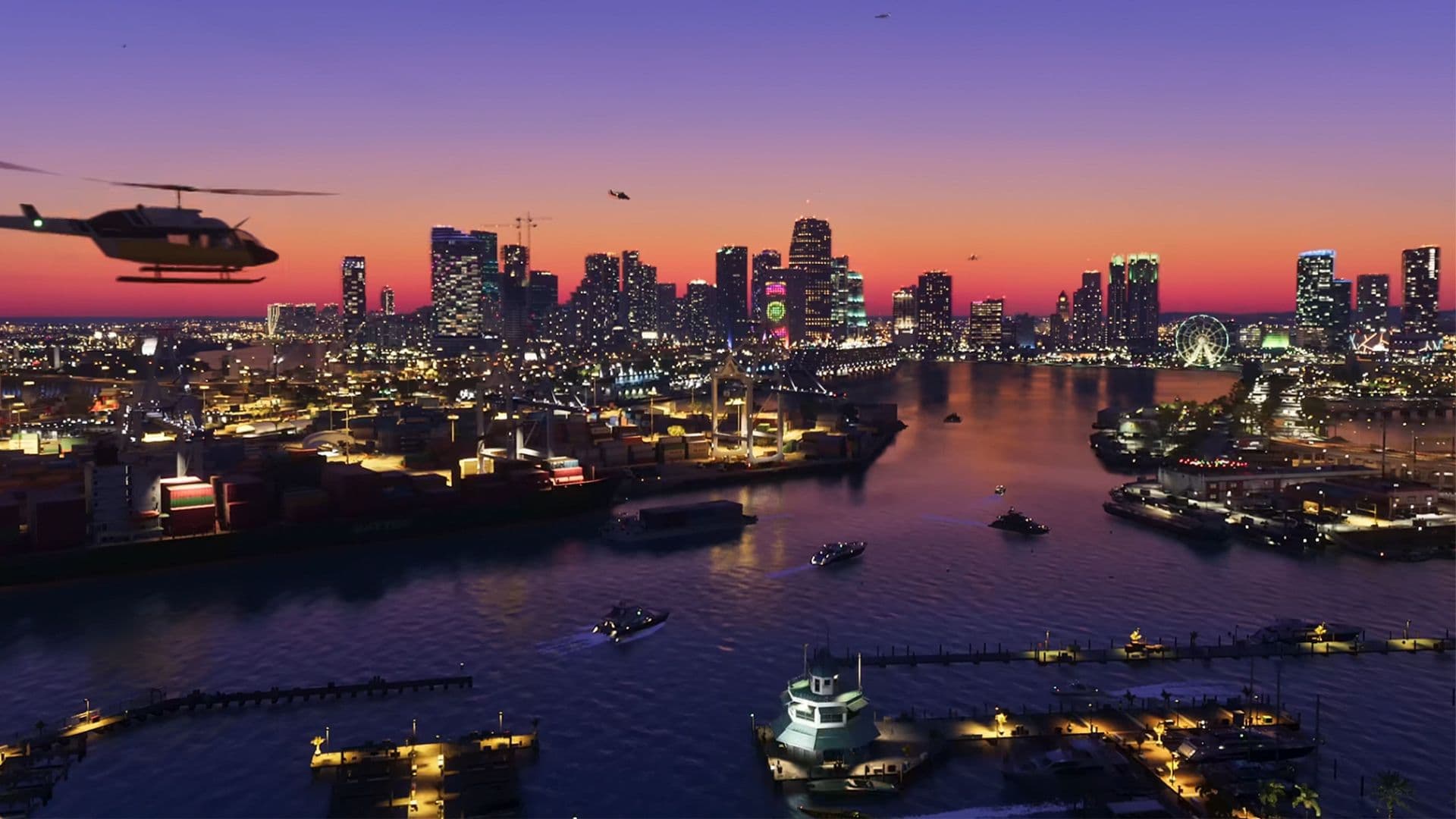 GTA 6 Vice City skyline at sunset with neon lights and helicopters