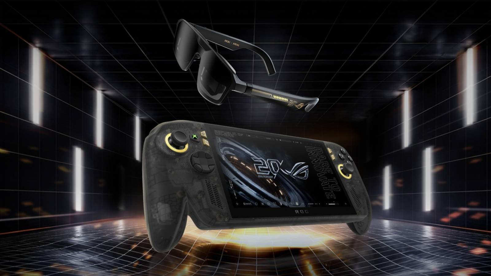 ROG Xbox Ally X20 handheld in translucent black and gold with OLED screen