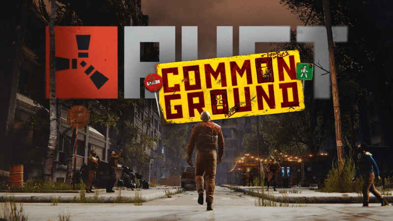 Rust apartment complex monument with neon glowing wallpapers and player shops in lobby area