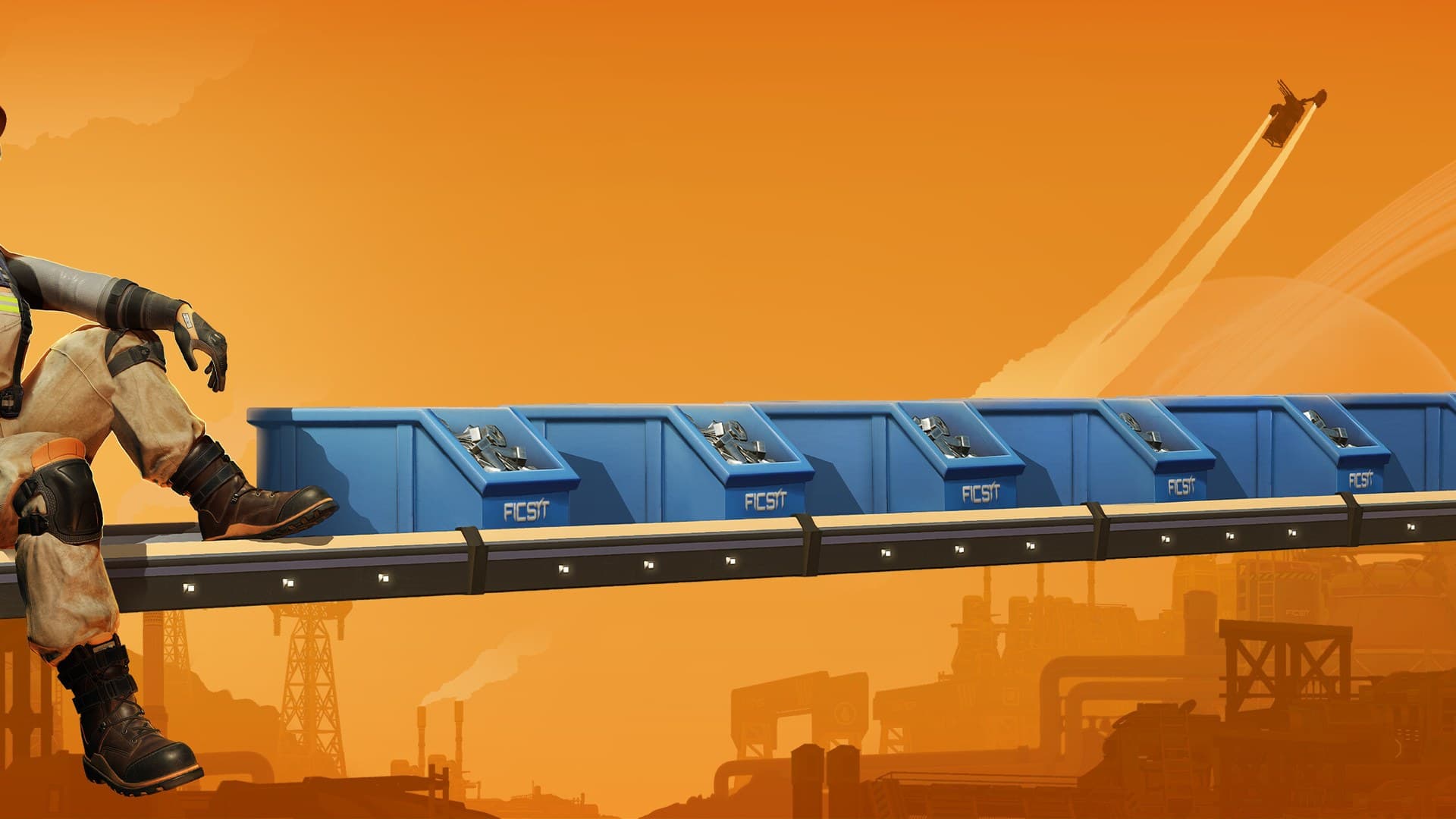 Satisfactory pioneer standing in a vast automated factory under stormy skies with rain effects