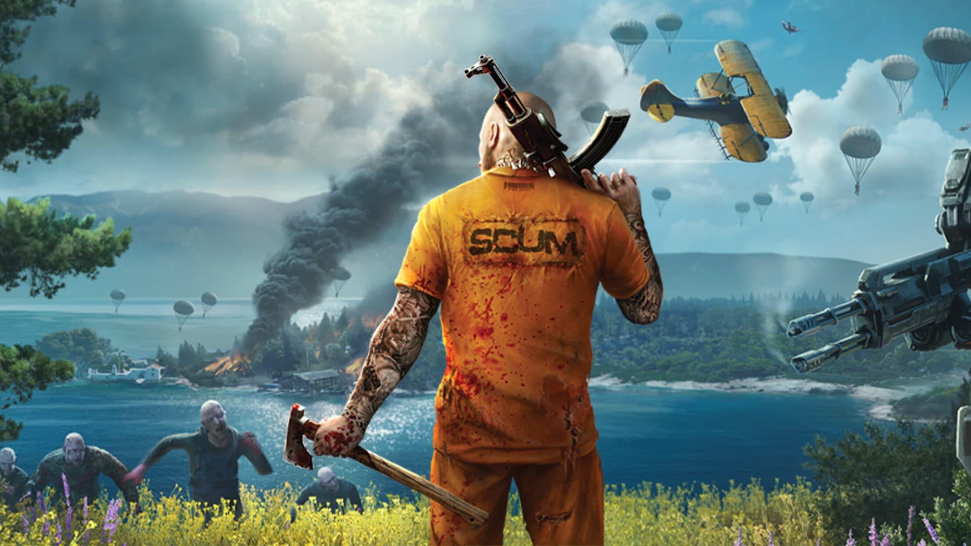 SCUM prison survival game key art showing character customisation interface and inventory management