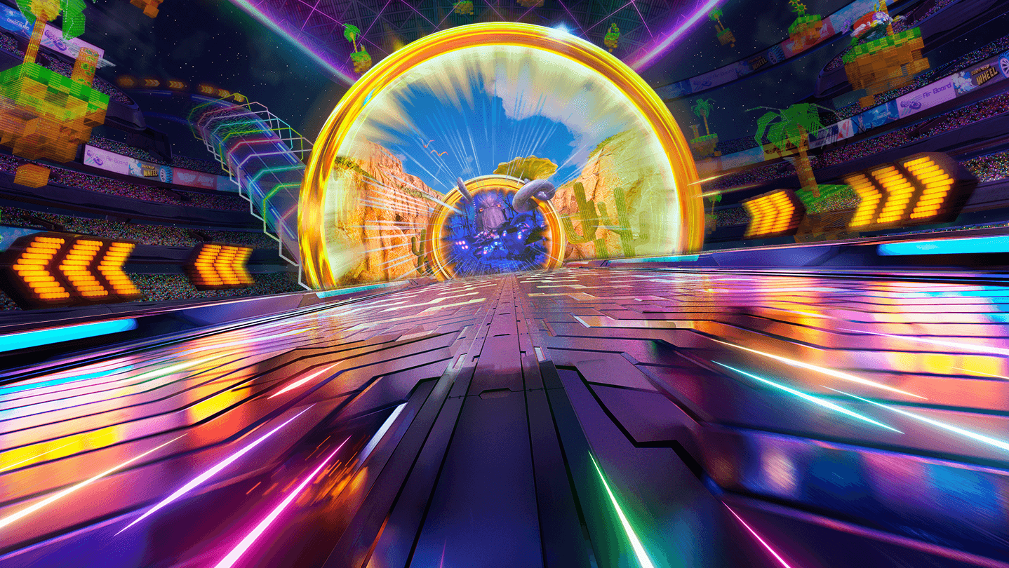 Classic Sonic racing in Sonic Racing CrossWorlds alongside Sega guest characters