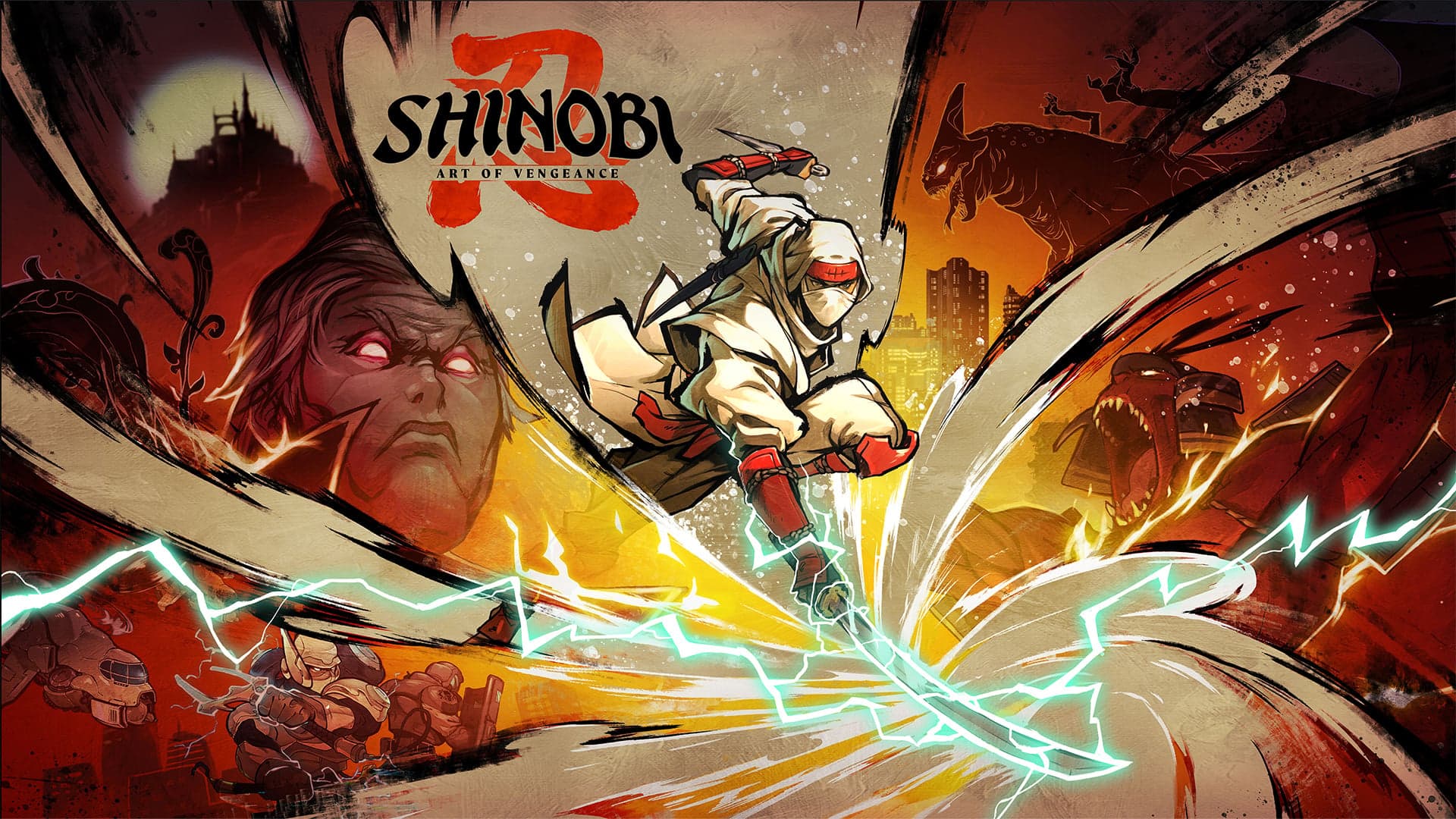Joe Musashi in Shinobi Art of Vengeance hand-drawn action platformer key art