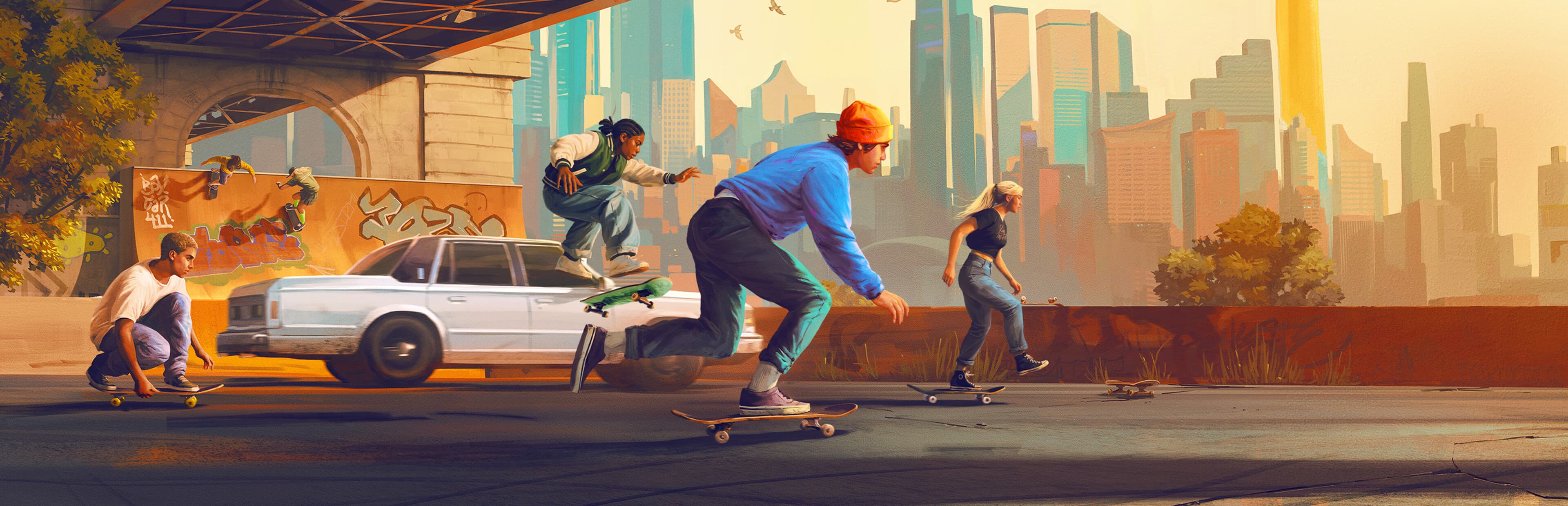 Skater performing a trick in skate. with the Stadium area visible in the background