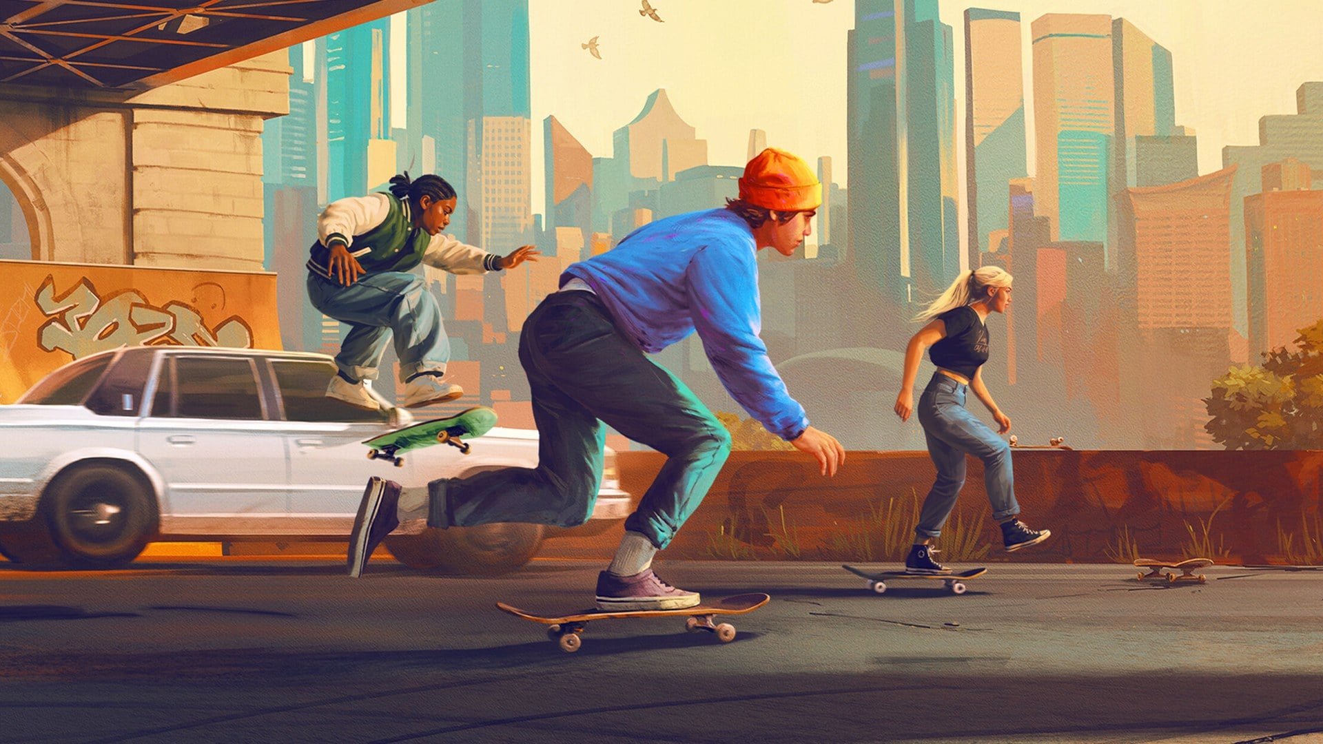 Skater performing a trick in skate. with the Stadium area visible in the background