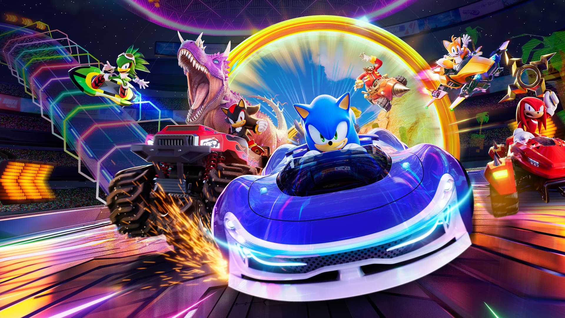The four Teenage Mutant Ninja Turtles racing in Sonic Racing CrossWorlds
