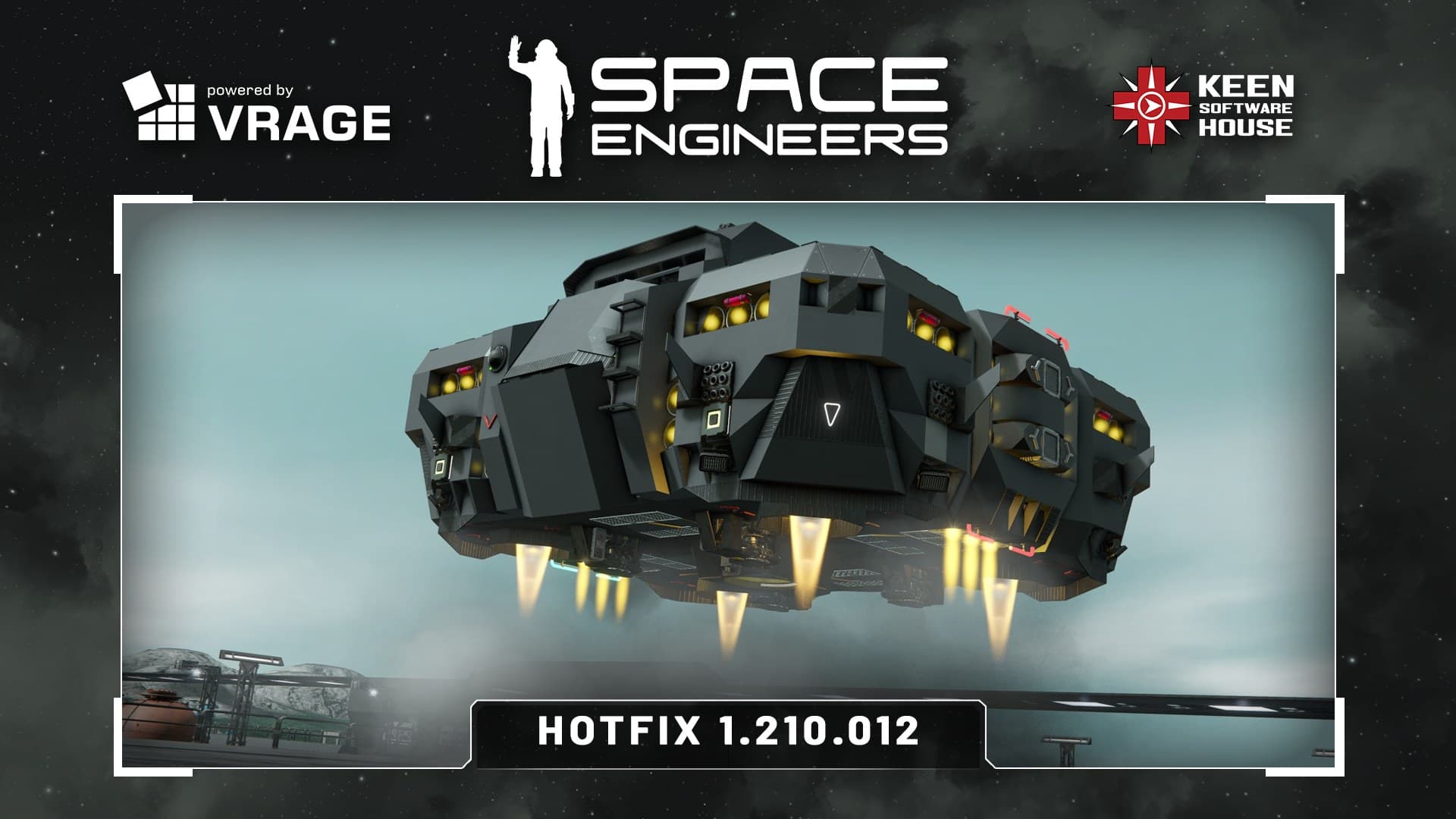 Space Engineers in-game space station with docked spacecraft and solar panels against starfield backdrop.