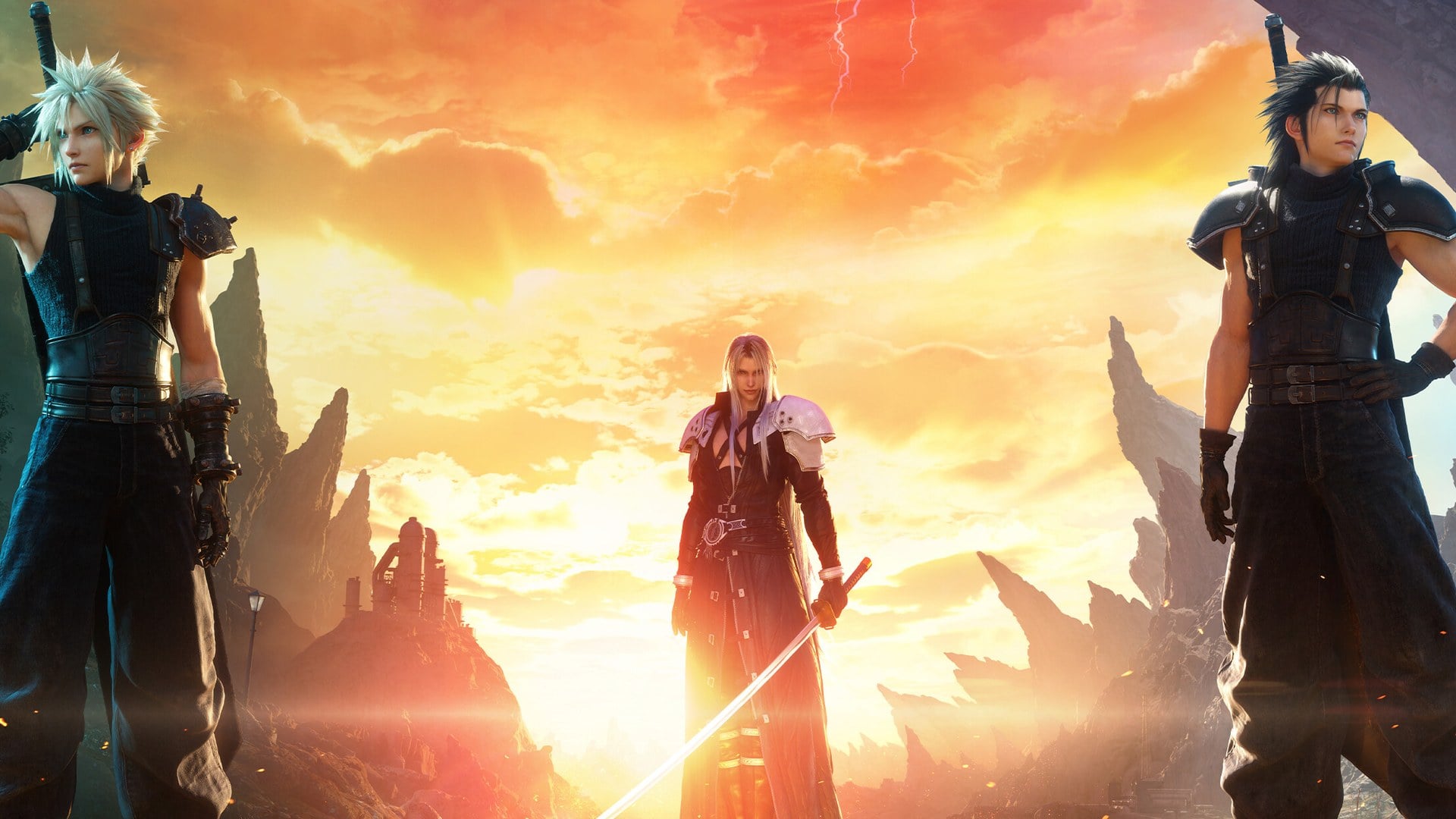 Cloud Strife in Final Fantasy VII Rebirth key art with party members